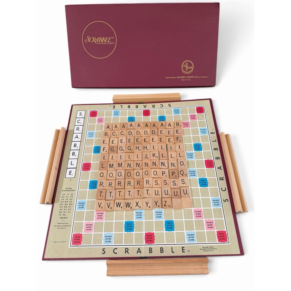 Vintage 1953 Scrabble Board Game Complete Set Selchow & Righter Wood Tiles